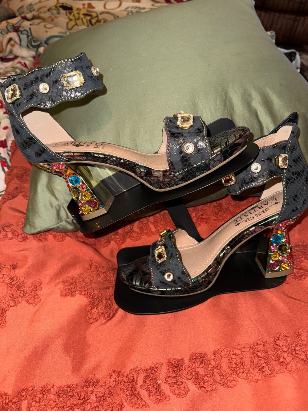 L’ARTISTE Black Jeweled Block Heel Sandals with Multicolor Gem Accents